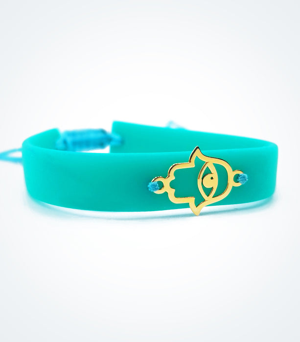 Fatima Hand on turquoise rubber bracelet