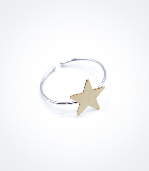 Yellow gold Star motif on white gold ring wire