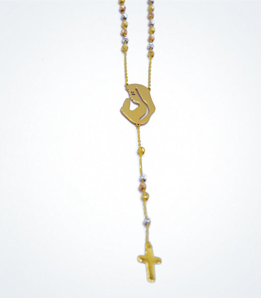 Yellow gold rosary with a praying profile of Virgin Mary and small cross