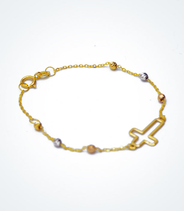 Yellow gold children's bracelet with an outline Cross and colored gold ball beads