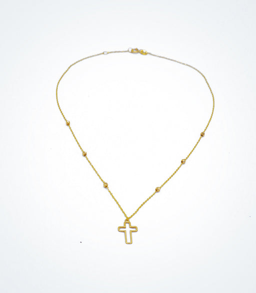 Yellow gold children's necklace with outline Cross and yellow ball beads