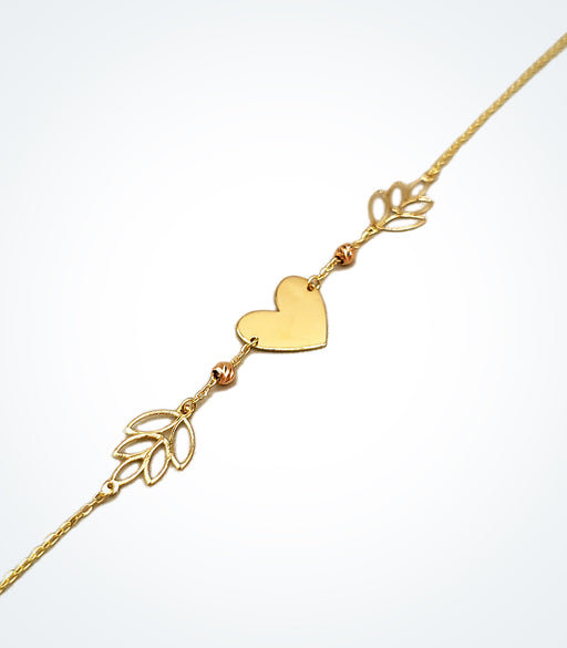 Heart and leaves motif bracelet with rose gold ball beads